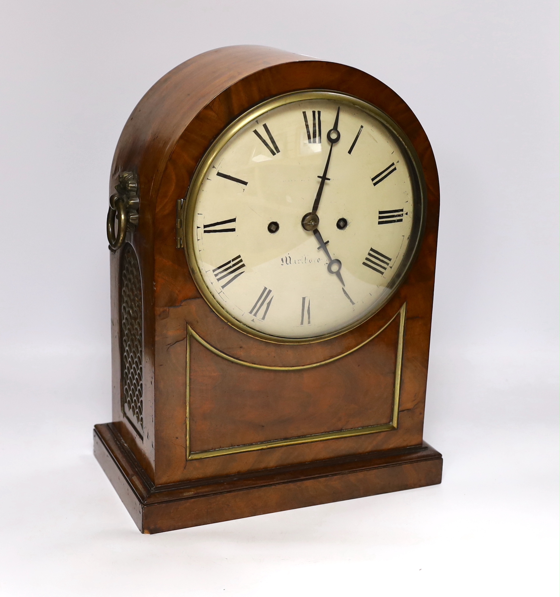 A William IV mahogany bracket clock, striking on a bell, enamel face with painted ‘Marlborough’, 38cm high